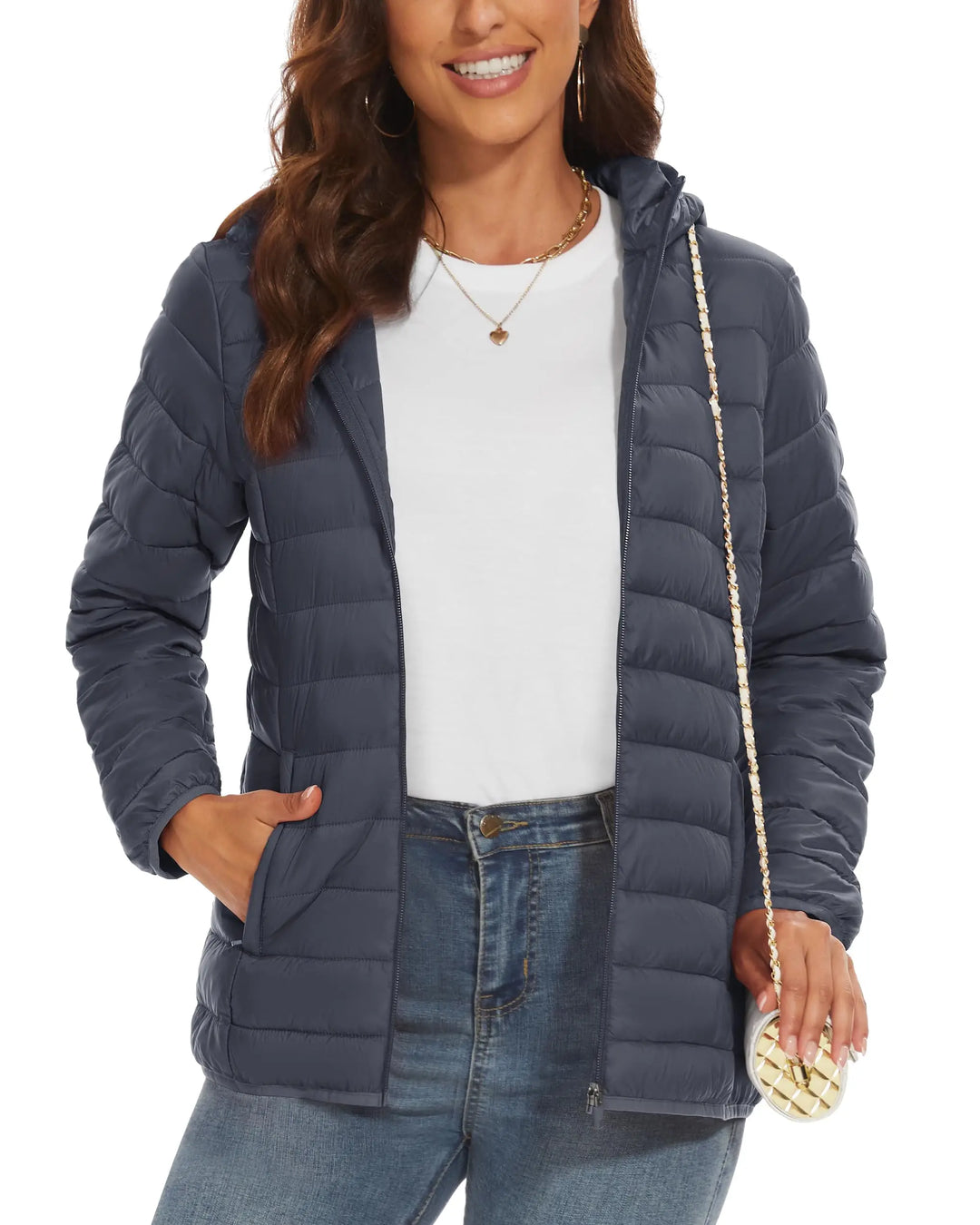 Women's Hooded Puffer Jacket, Lightweight Quilted Padded Windbreaker Coat