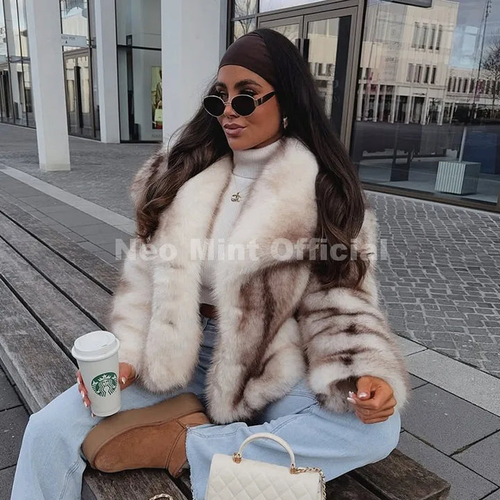 Women's Striped Faux Fur Jacket, Fluffy Collar Warm Winter Coat