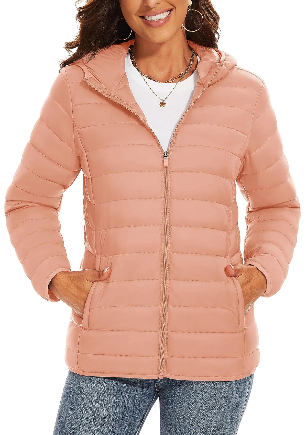 Women's Lightweight Hooded Quilted Puffer Jacket in Apricot