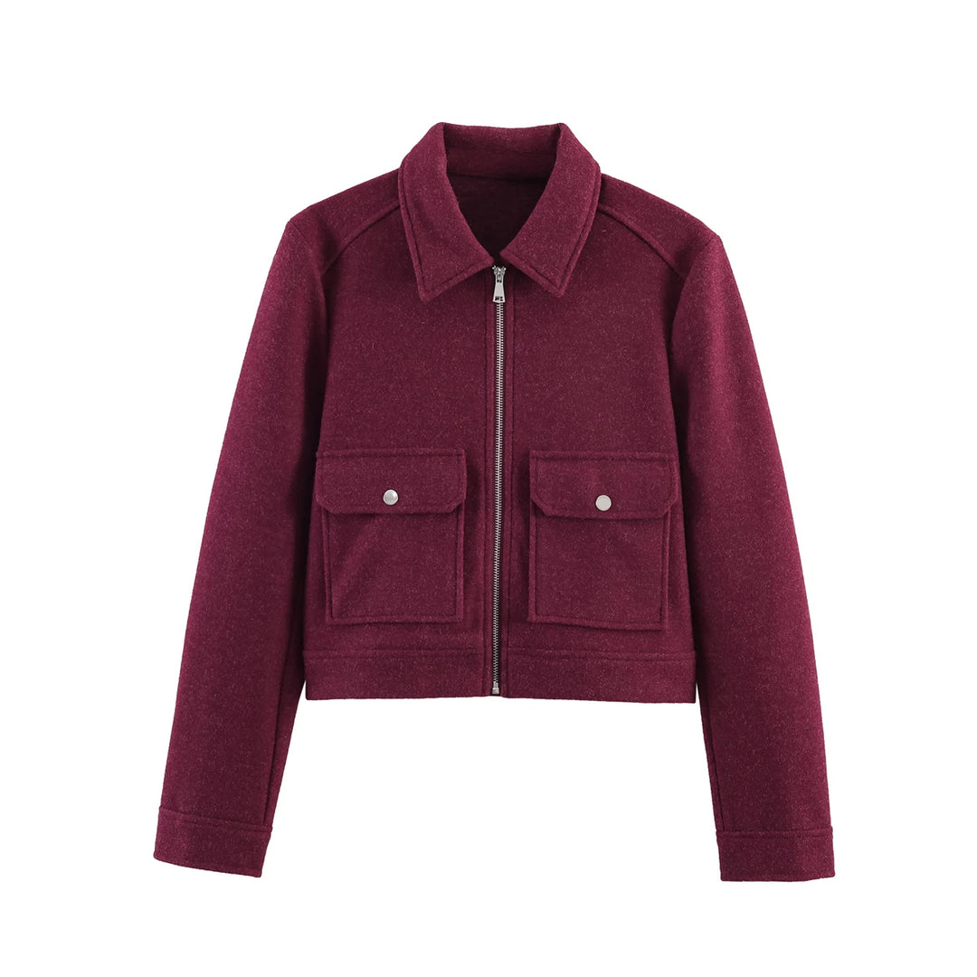 Women's Short Zip Up Jacket, Winter Pocket Coat Elegant Outerwear