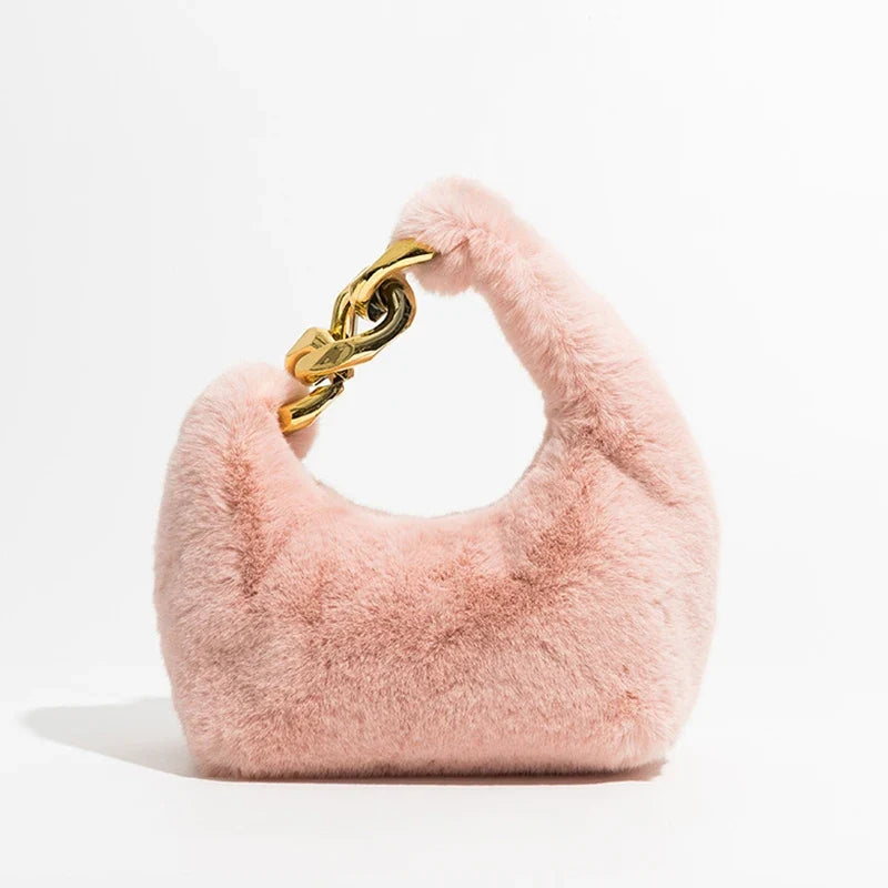 Women's Faux Fur Crescent Shoulder Bag with Chain Strap, view 3