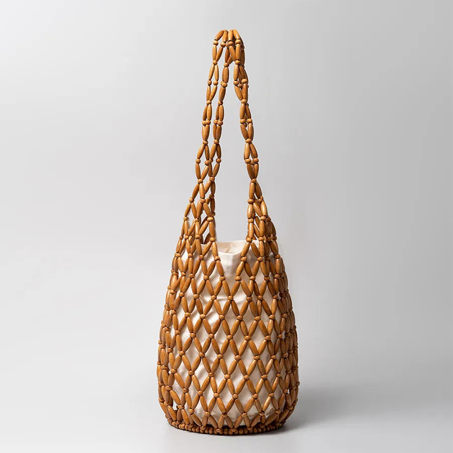 Women's Netted Woven Beach Tote with Wooden Beads in Brown