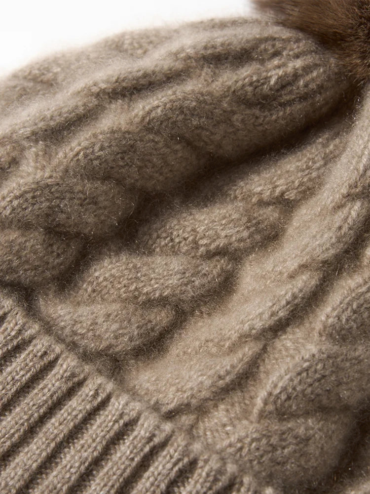 Women's Hand-Knit Cashmere Cable Beanie with Pom-Pom, view 6