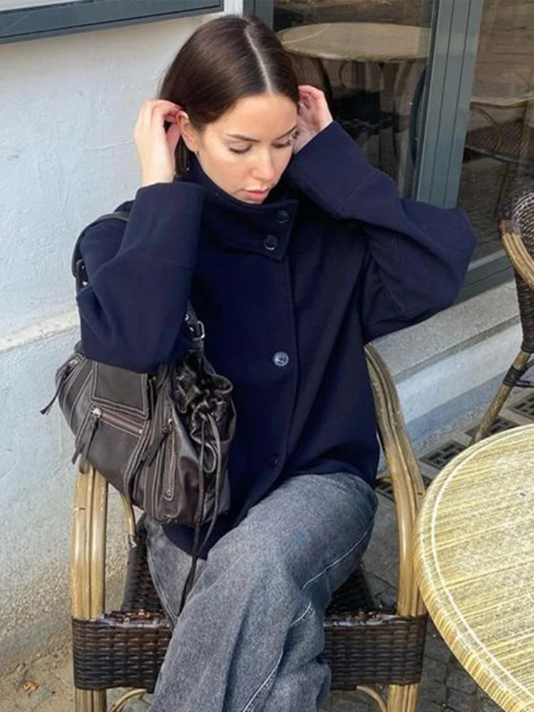 Women's Stand Collar Coat, Single Breasted Short Wool Blend Work Jacket