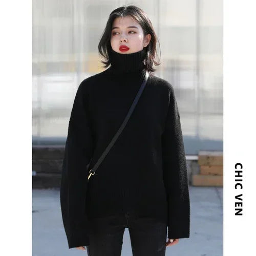 Women's Turtleneck Sweater, Loose Knit Warm Winter Pullover