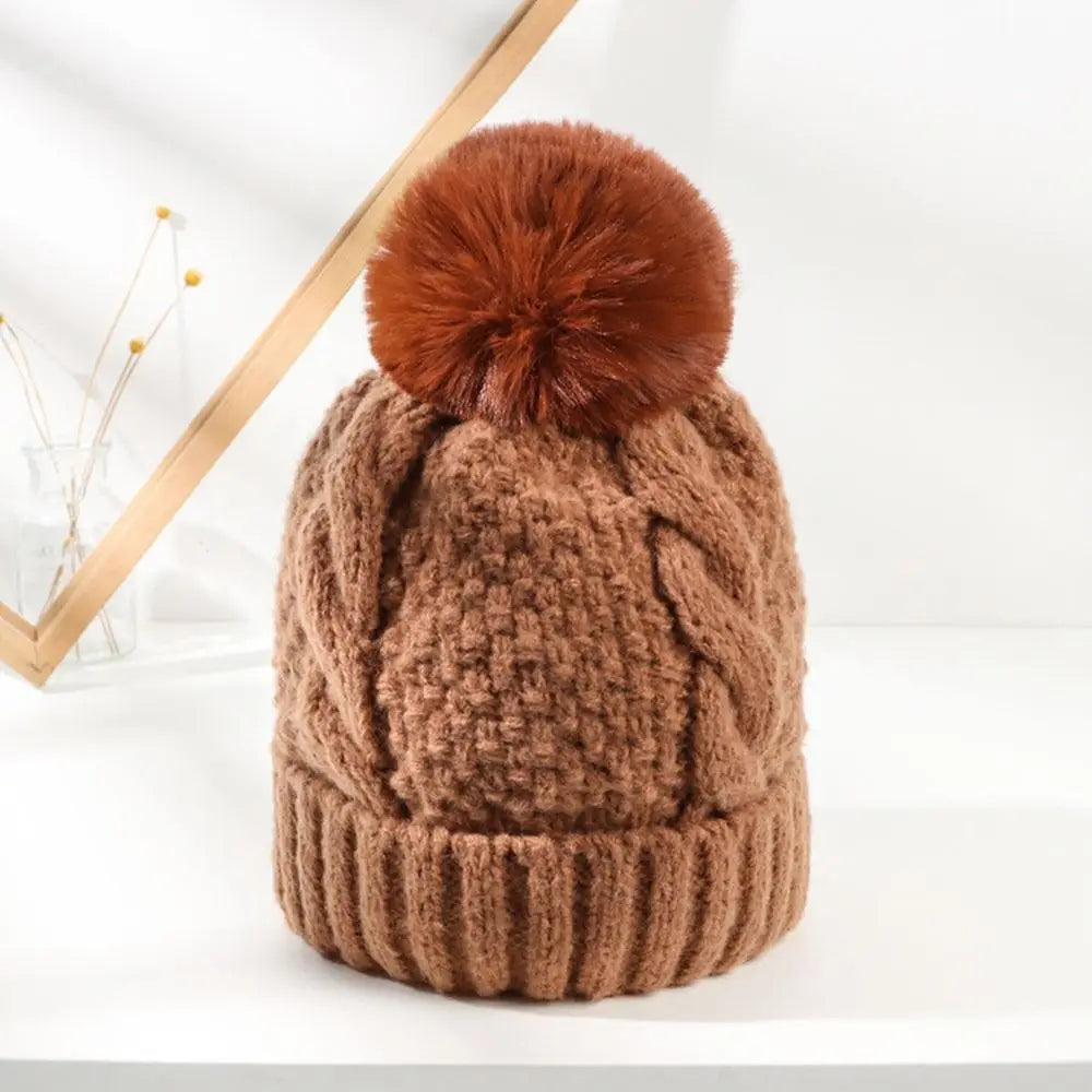 Women's Thick Knit Cotton Beanie with Ear Flaps in Coffee