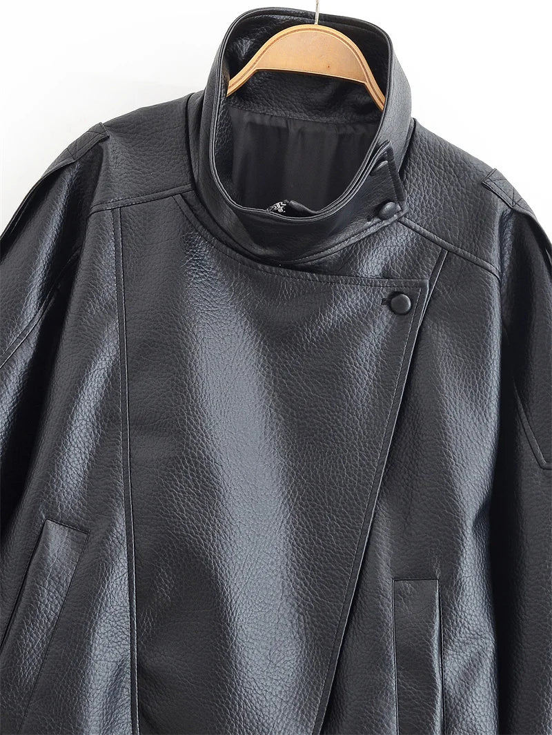 Women's Pebble-Grain Faux Leather Moto Jacket, view 3