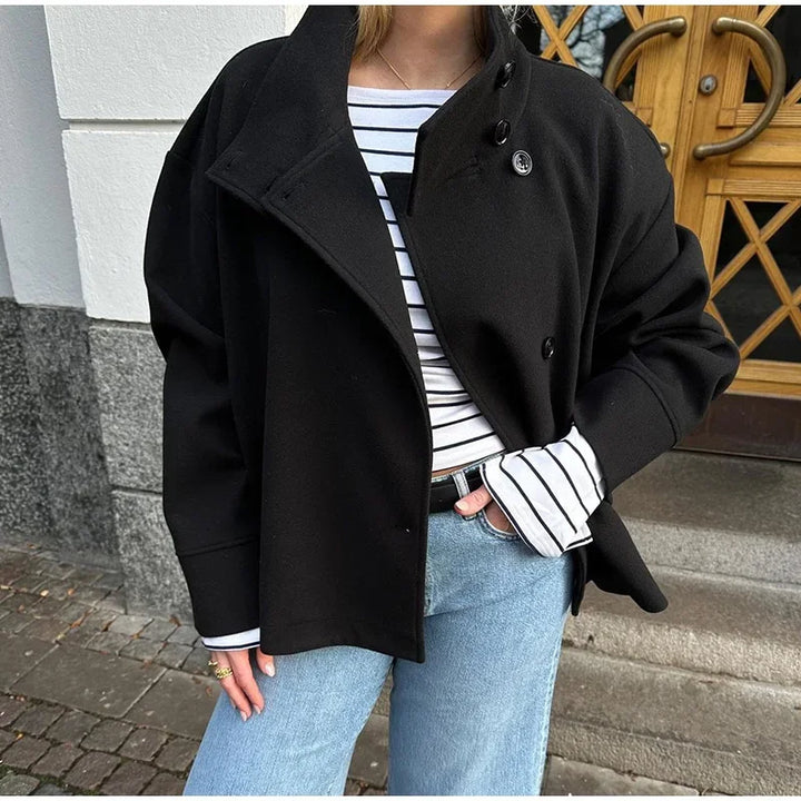 Women's Stand Collar Coat, Single Breasted Short Wool Blend Work Jacket