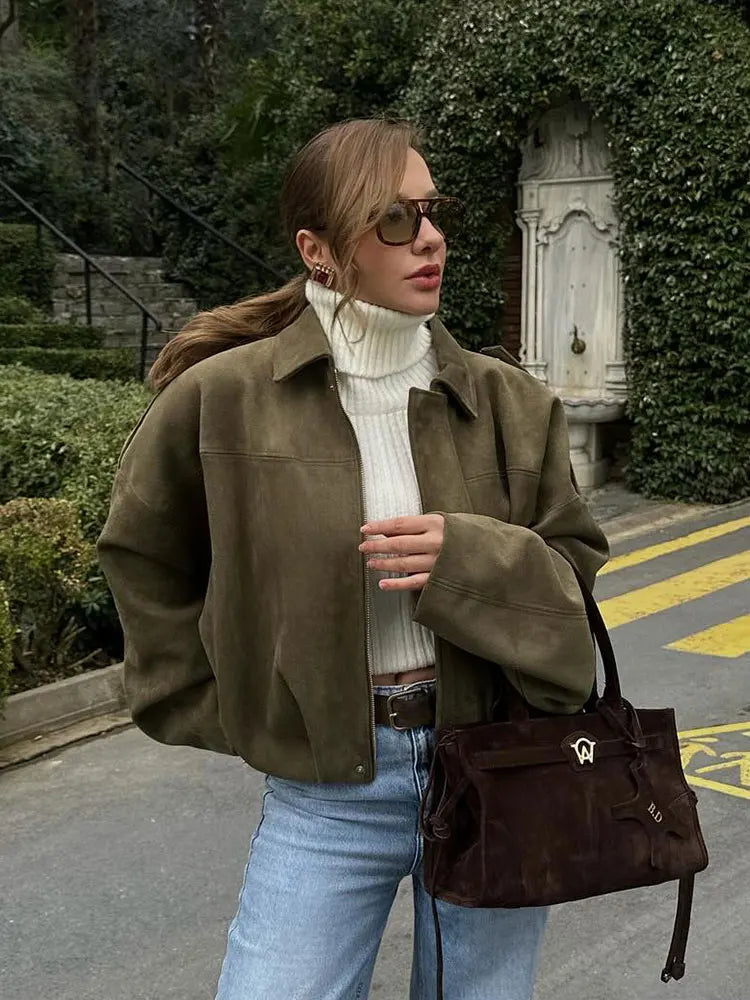 Women's Suede Jacket, Oversized Batwing Sleeve Zip Up Winter Coat