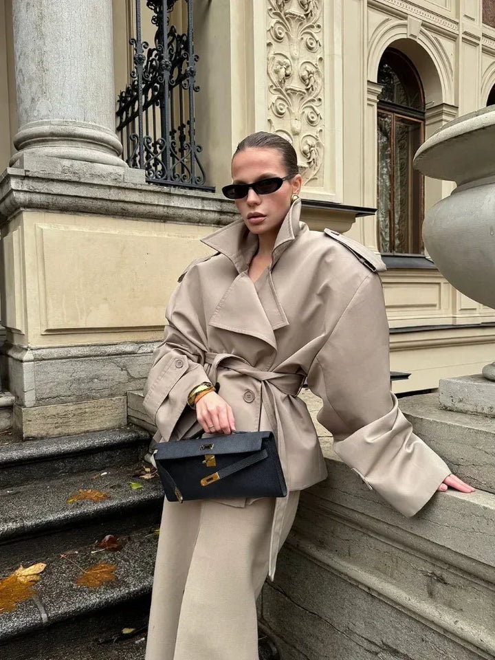 Women's Trench Coat, Belted Button Front Long Windbreaker