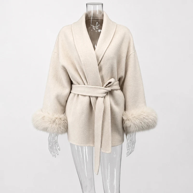 Women's Double-Sided Wool Blend Coat with Removable Plush Collar, view 4