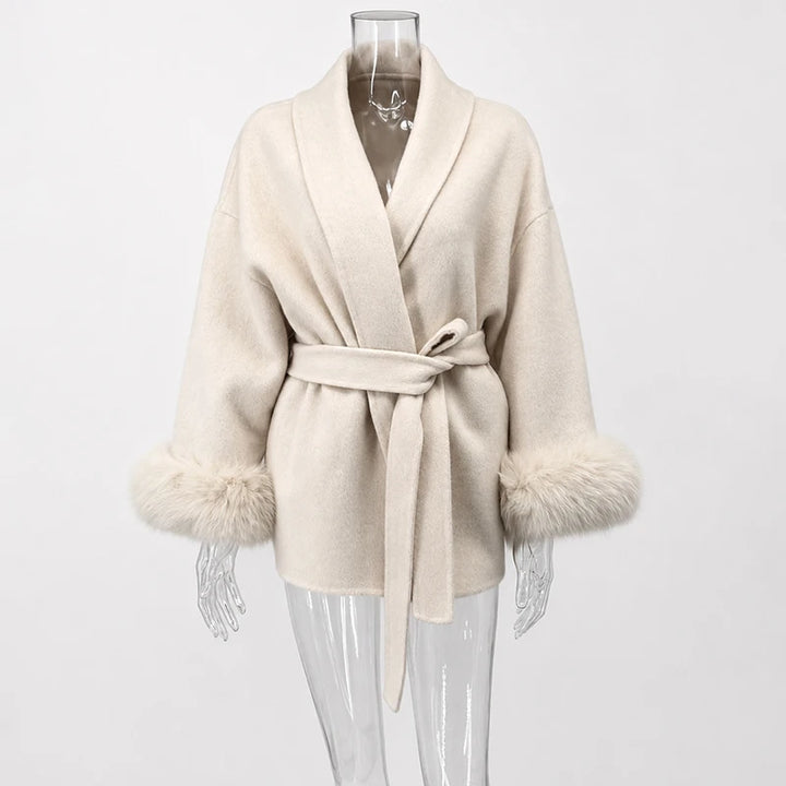 Women's Wool Blend Coat, Double Sided Short Overcoat with Fur Collar