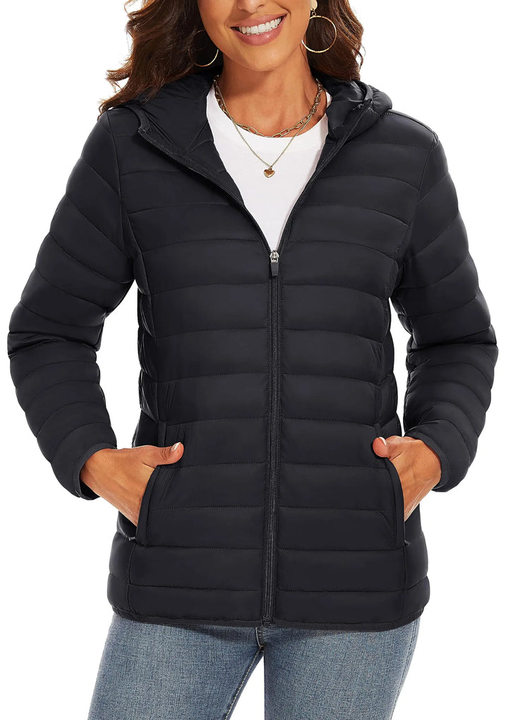 Women's Hooded Puffer Jacket, Lightweight Quilted Padded Windbreaker Coat
