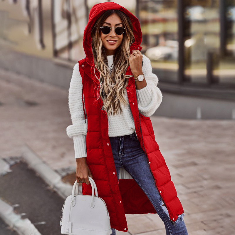 Women's Long Hooded Puffer Vest with Side Pockets in Red