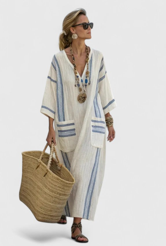 Women's Two-Tone Relaxed-Fit Maxi Dress in Beige Light Blue