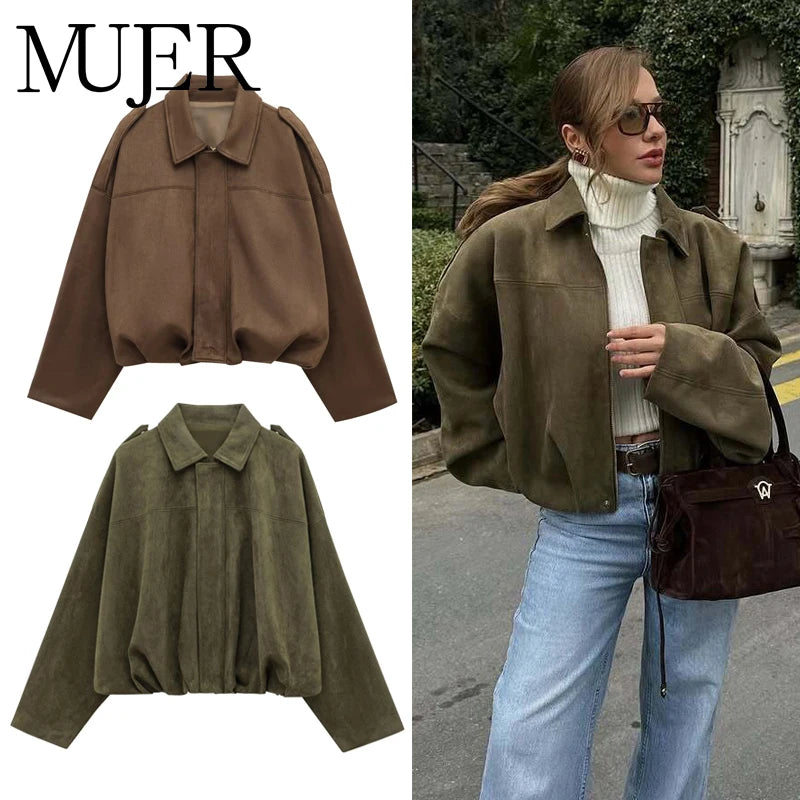 Women's Bomber Jacket, Faux Suede Zip Up Oversized Varsity Coat