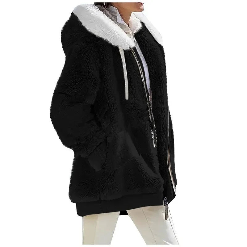 Women's Sherpa-Lined Hooded Zip-Up Fleece Jacket in Black