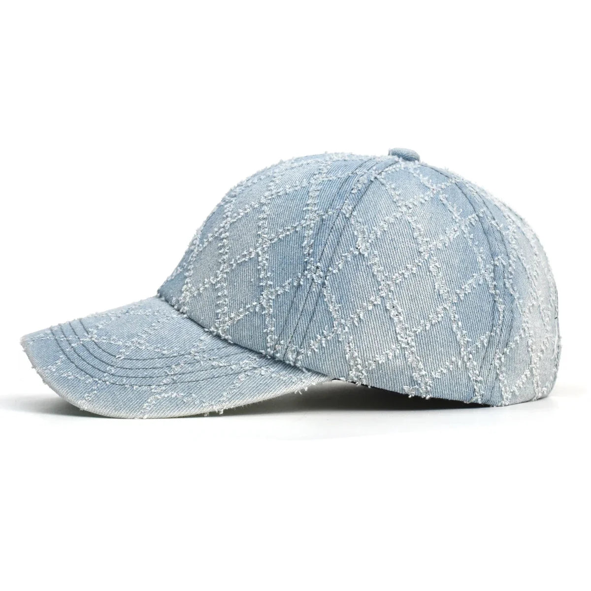 Women's Quilted Denim Baseball Cap with Frayed Edges, view 3