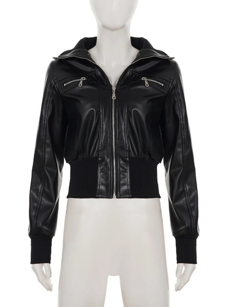 Women's Faux Leather Jacket, Vintage Zip Up Moto Streetwear Coat