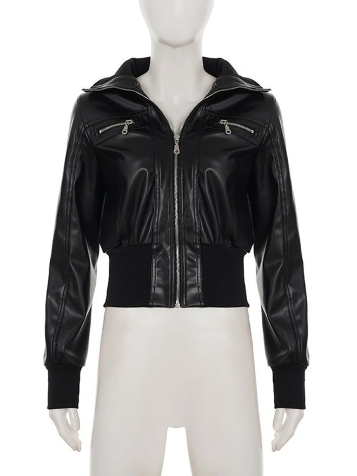 Women's Faux Leather Jacket, Vintage Zip Up Moto Streetwear Coat