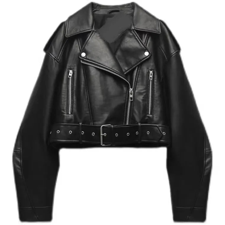 Women's Black Oversized Belted Faux Leather Biker Jacket, view 7