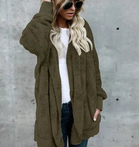 Women's Fleece Jacket, Oversized Hooded Sherpa Cardigan Coat