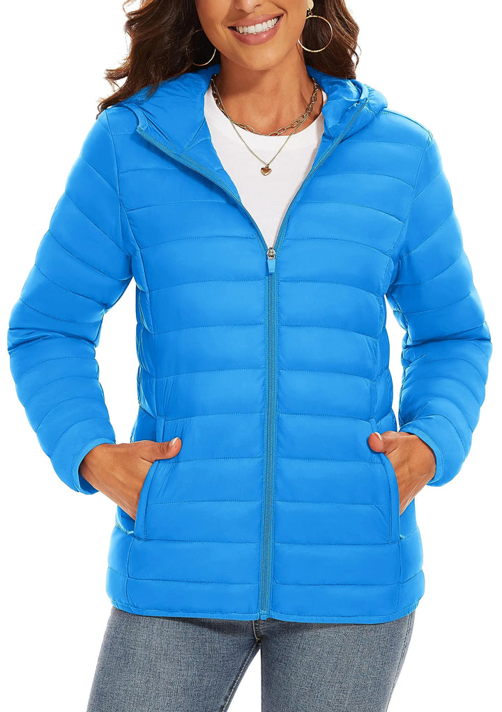 Women's Hooded Puffer Jacket, Lightweight Quilted Padded Windbreaker Coat