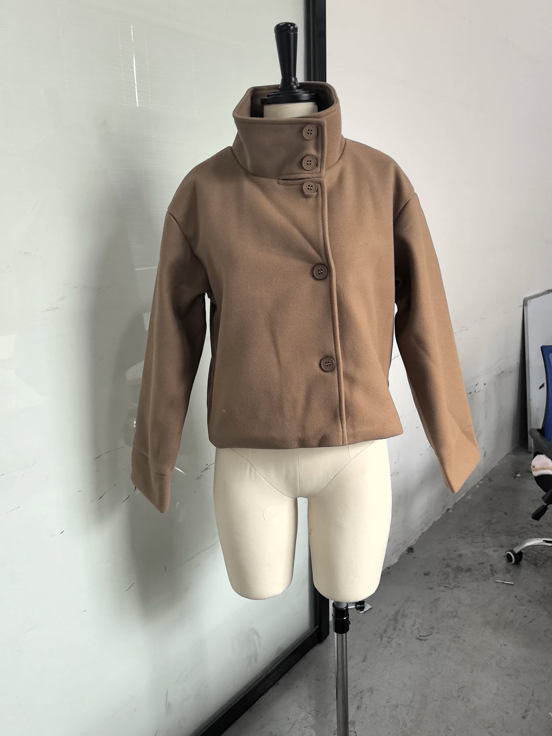 Women's Stand Collar Coat, Single Breasted Short Wool Blend Work Jacket