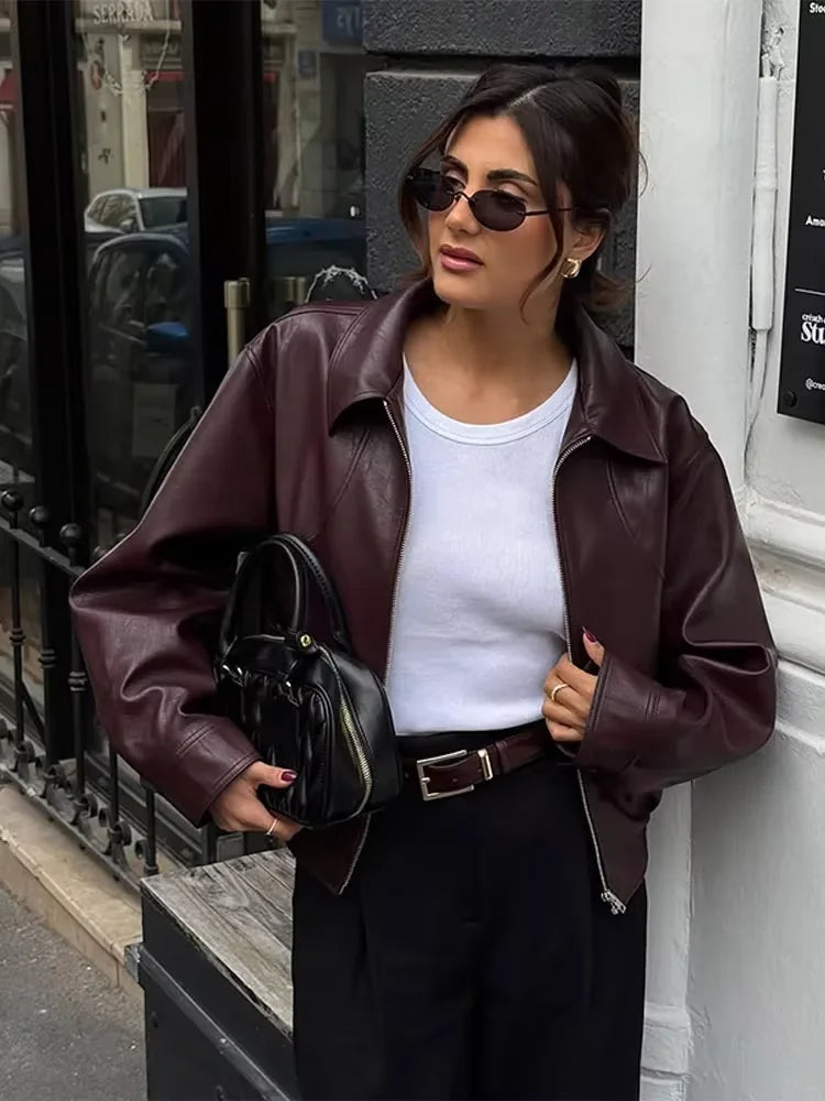 Women's Faux Leather Jacket, Wine Red Lapel Zip Up Short Coat
