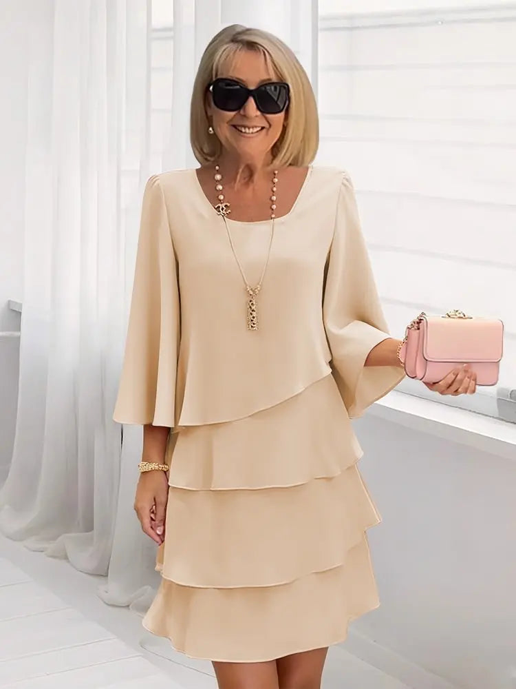 Tiered Ruffle Mini Dress with Flutter Sleeves in Khaki