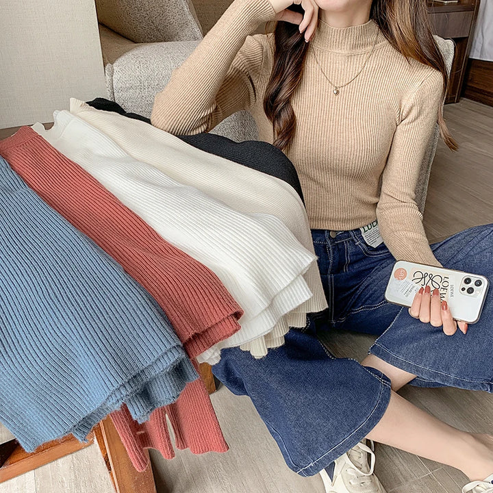 Women's Mock Neck Sweater, Slim Fit Knit Pullover Basic Top
