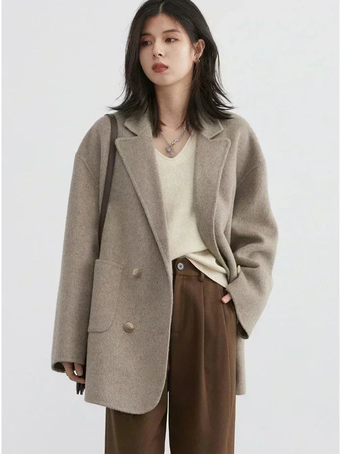Women's Loose Double-Breasted Retro Coat in Oatmeal