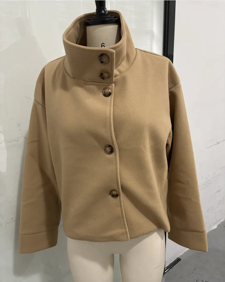 Women's Stand Collar Coat, Single Breasted Short Wool Blend Work Jacket