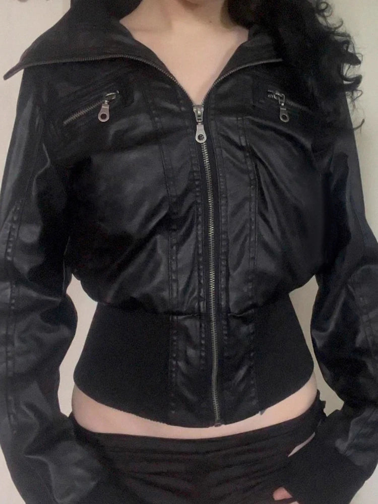 Women's Black Vintage Washed Faux Leather Moto Jacket, view 3