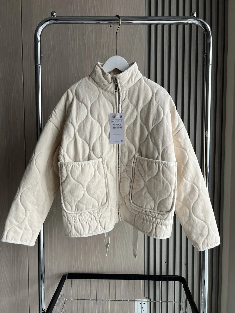 Women's Quilted High-Collar Jacket with Large Pockets in Beige
