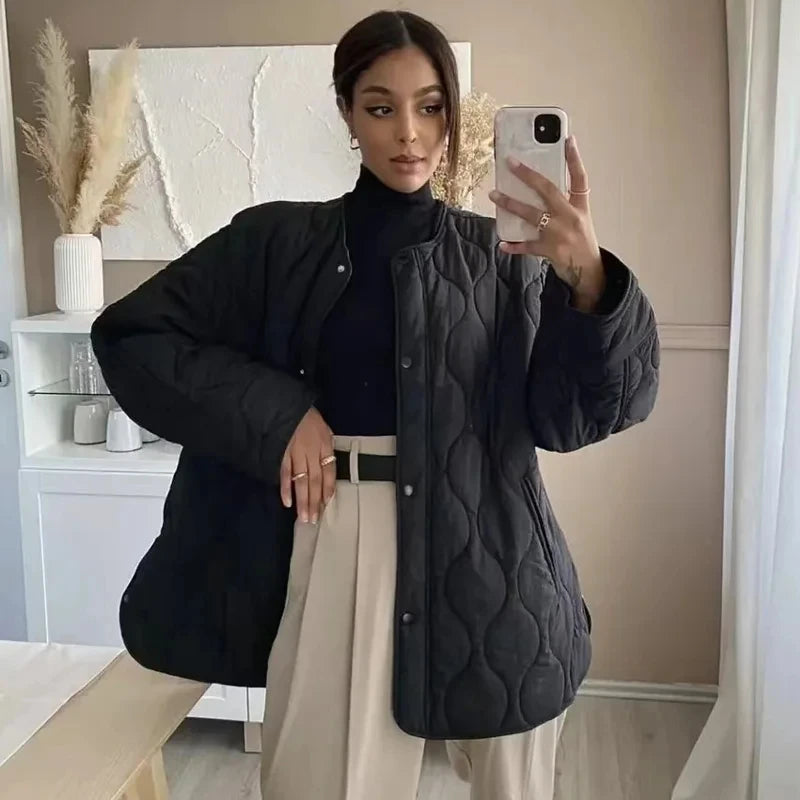 Women's Quilted Jacket, Black Padded Long Sleeve Winter Coat