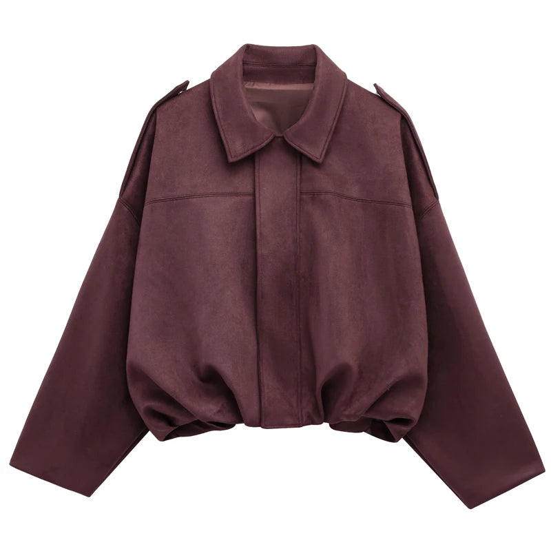 Women's Suede Bomber Jacket, Cropped Lapel Zip Up Moto Racing Coat