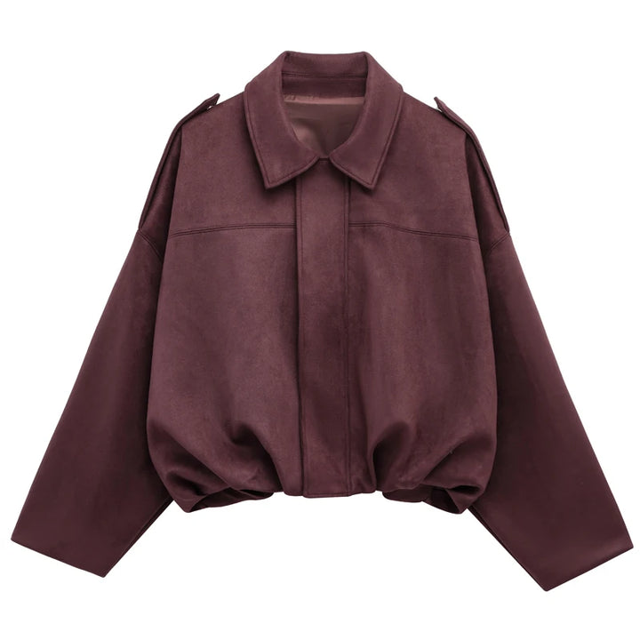 Women's Suede Bomber Jacket, Cropped Lapel Zip Up Moto Racing Coat