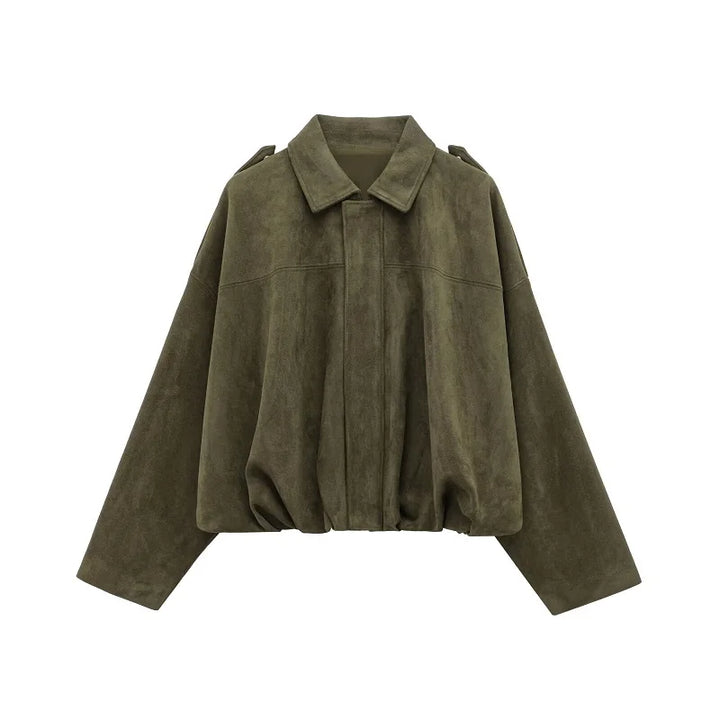 Women's Bomber Jacket, Faux Suede Zip Up Oversized Varsity Coat