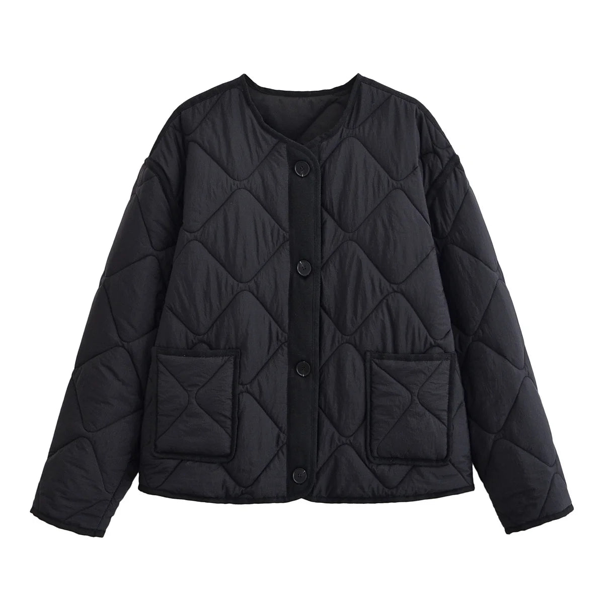 Women's Black Quilted Collarless Button-Front Jacket, view 7