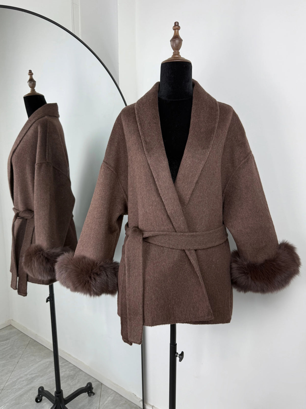Women's Double-Sided Wool Blend Coat with Removable Plush Collar in Coffee