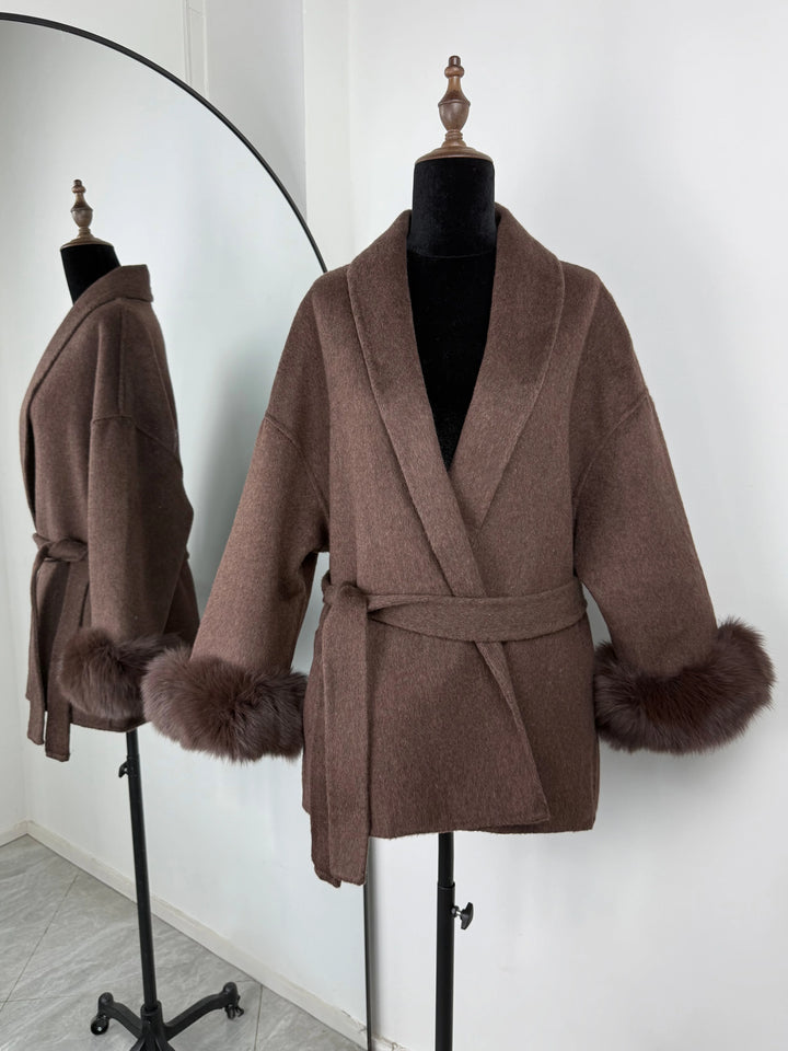Women's Wool Blend Coat, Double Sided Short Overcoat with Fur Collar