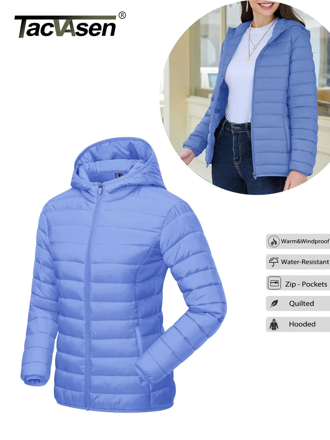 Women's Hooded Puffer Jacket, Lightweight Quilted Padded Windbreaker Coat