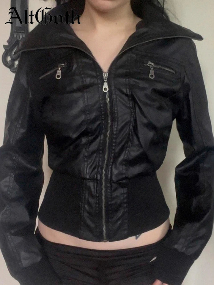 Women's Faux Leather Jacket, Vintage Zip Up Moto Streetwear Coat