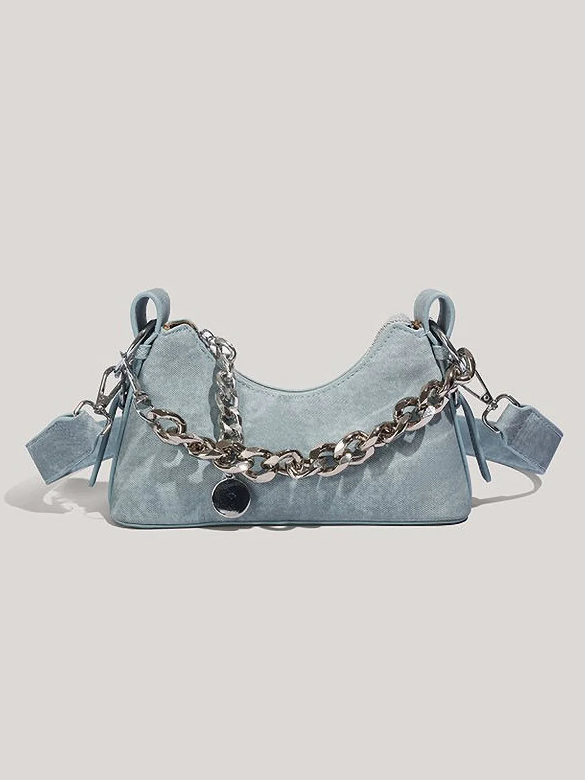 Women's Denim Shoulder Bag with Chunky Chain Strap in Blue