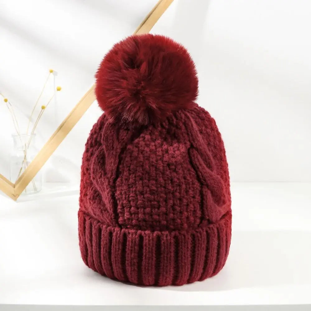 Women's Thick Knit Cotton Beanie with Ear Flaps in Wine Red