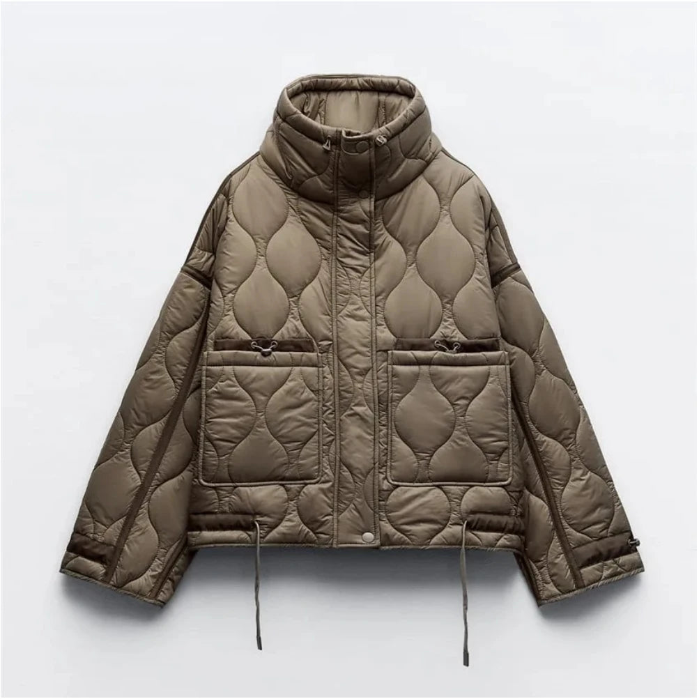 Women's Quilted Jacket, Drawstring High Neck Padded Coat with Pockets