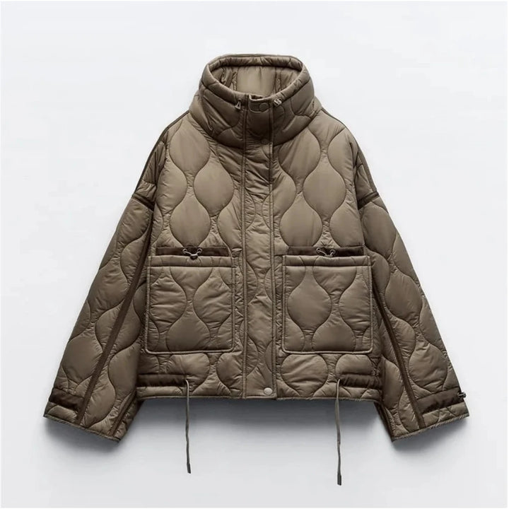 Women's Quilted Jacket, Drawstring High Neck Padded Coat with Pockets