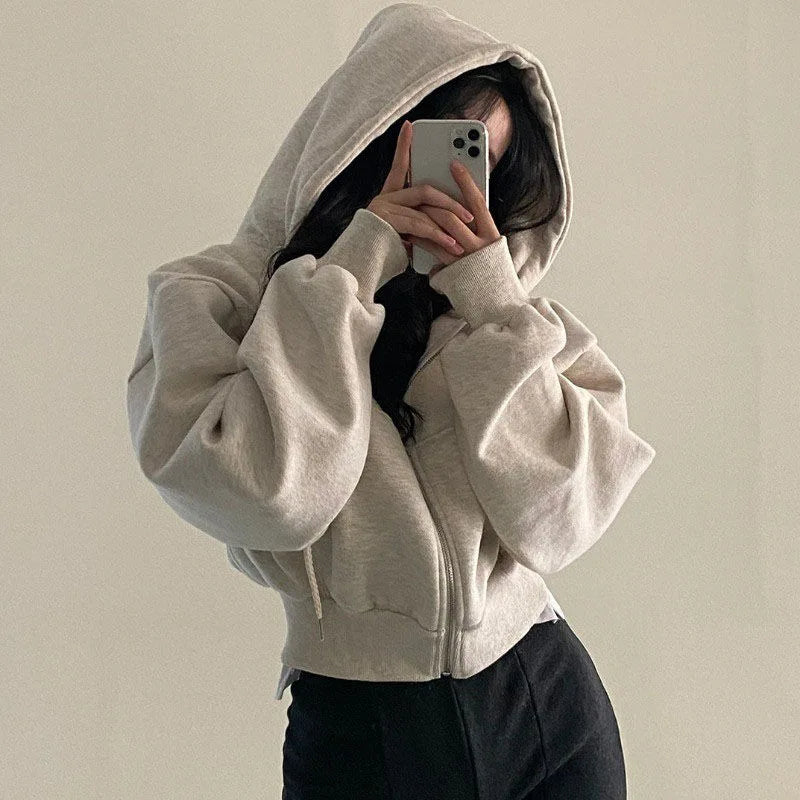 Women's Cropped Zip Up Hoodie, Casual Streetwear Hooded Sweatshirt Jacket