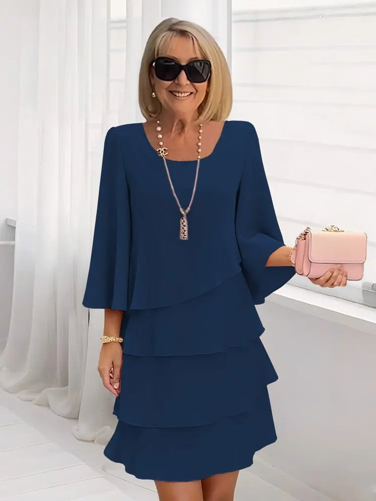 Tiered Ruffle Mini Dress with Flutter Sleeves in Navy Blue